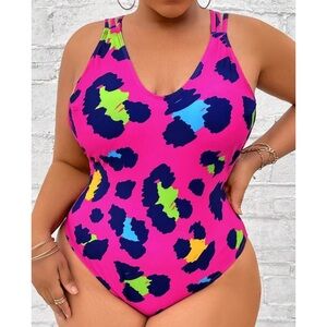 Pink  Leo print one piece swimsuit (Lisa Frank Vibes) Super high waisted